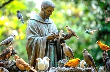 Statue of saint surrounded by colorful birds.