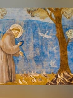 Saint with birds under a tree painting.