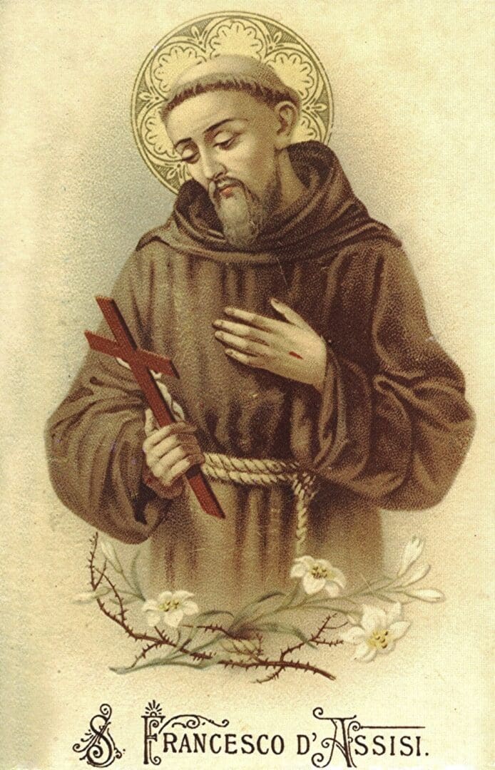 Saint Francis holding cross and flowers.