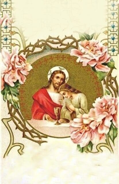 Jesus with disciple surrounded by flowers.