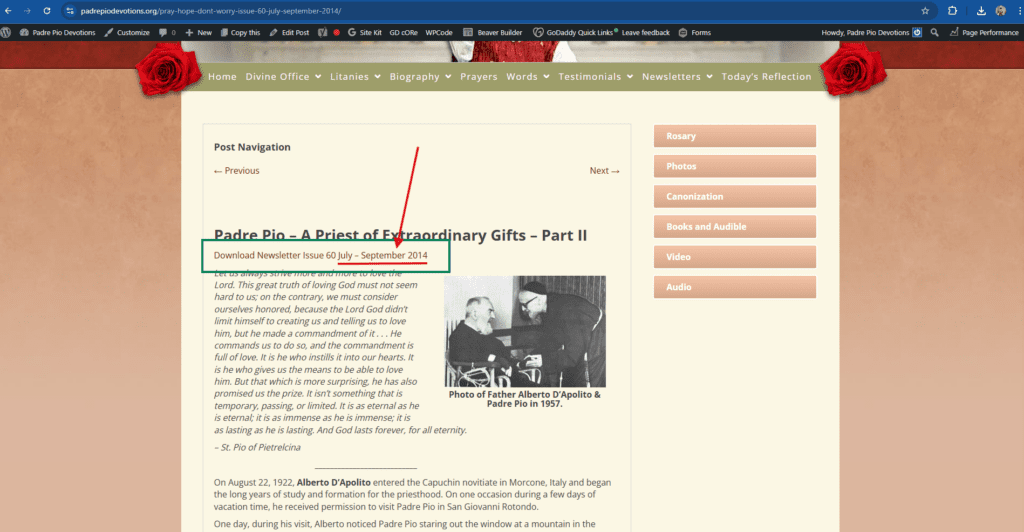 Webpage about Padre Pio with photo.